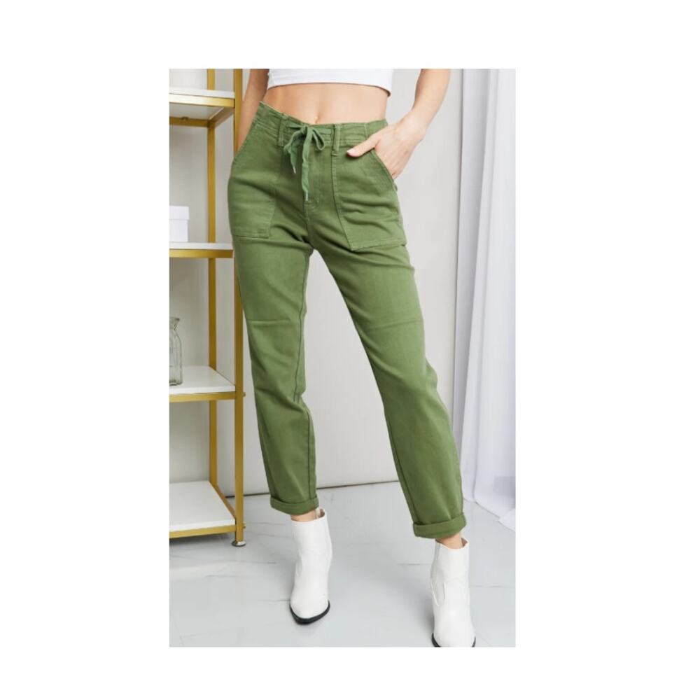 Judy Blue Olive Green Denim Utility Casual Drawstring Jeans Size 11 | 30